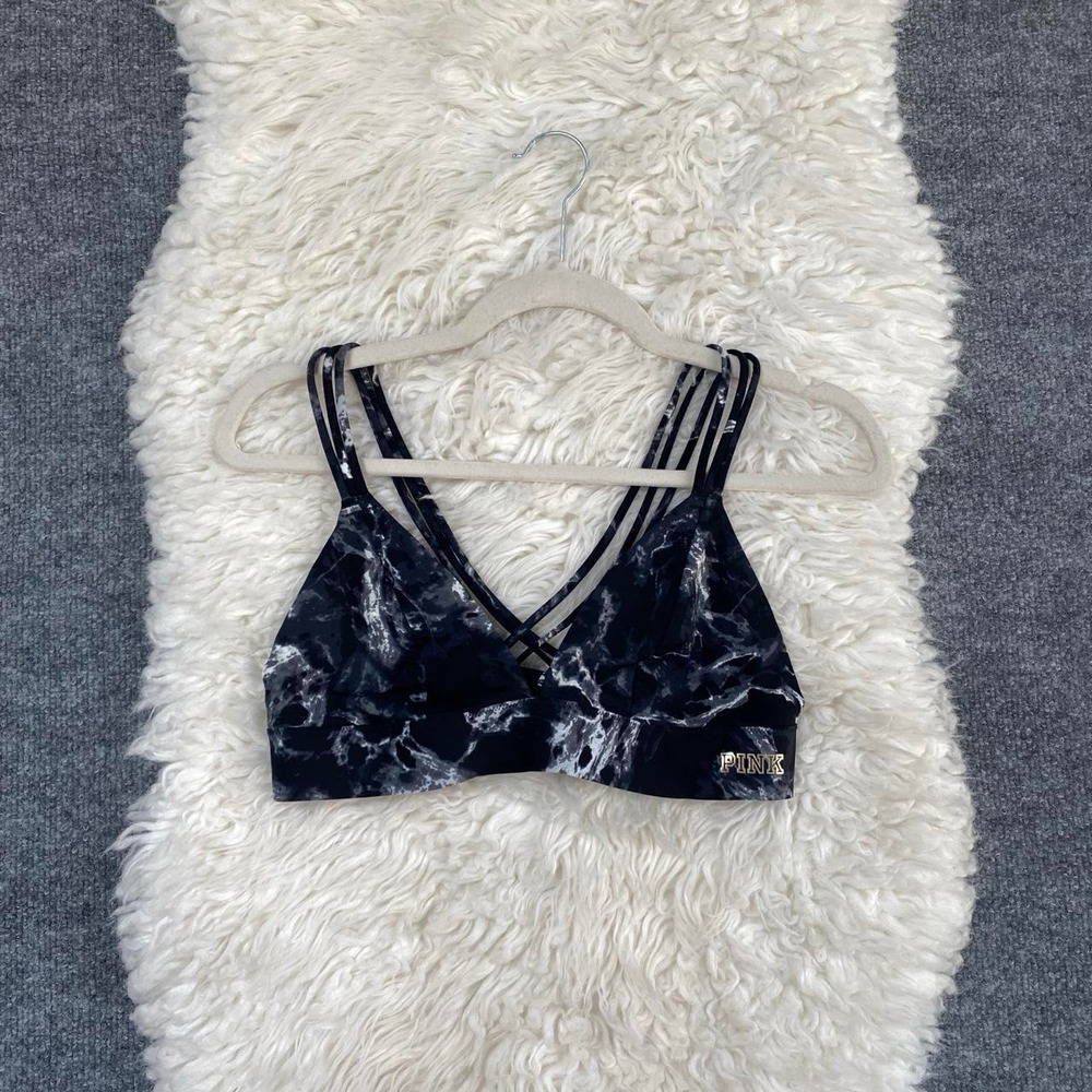 VS PINK BLACK WHITE MARBLE STRAPPY SPORTS BRA ACTIVEWEAR GYM LOUNGE WORKOUT